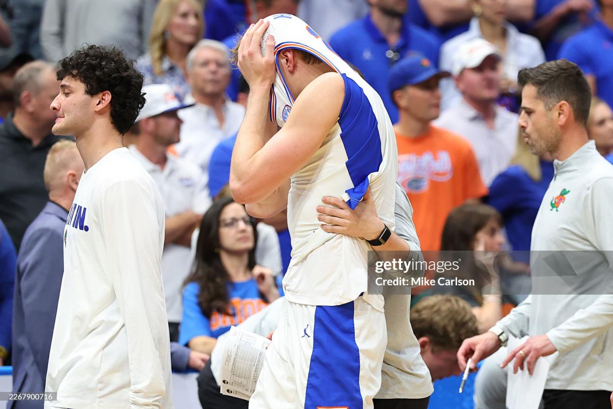 Thomas Haugh #10 of the Florida Gators reacts after being defeated by the Iowa Hawkeyes in the second round of the 2026 NCAA Men's Basketball Tournament at Benchmark International Arena on March 22, 2026 in Tampa, Florida. (Photo by Mike Carlson/Getty Images)